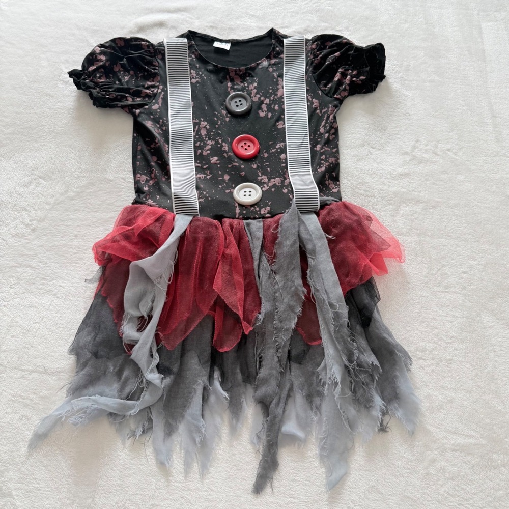Spirit Halloween Creepy Clown Costume Kids Large Black Red Tattered Tulle Dress